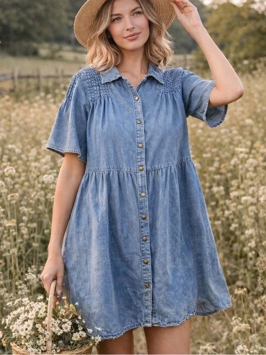 Denim Babydoll Dress Pleated Yoke Button Front Blue Size XL Cotton - Picture 1 of 13